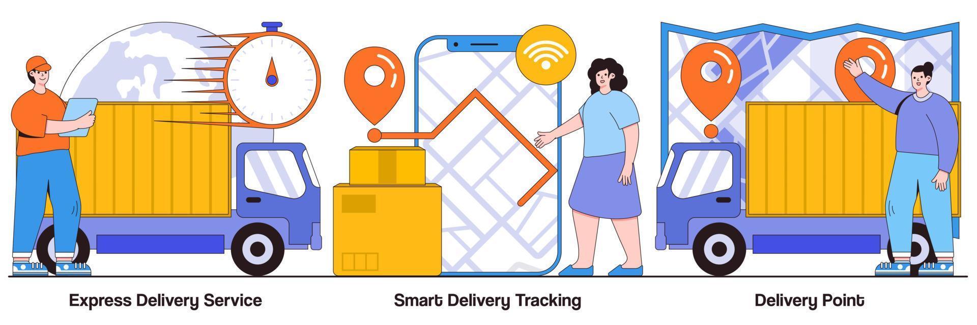 paquete ilustrado de entrega urgente, seguimiento inteligente en línea, mensajería y punto de entrega de pedidos vector