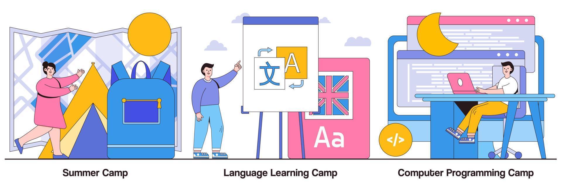 paquete ilustrado del campamento de verano, aprendizaje de idiomas y programac vector