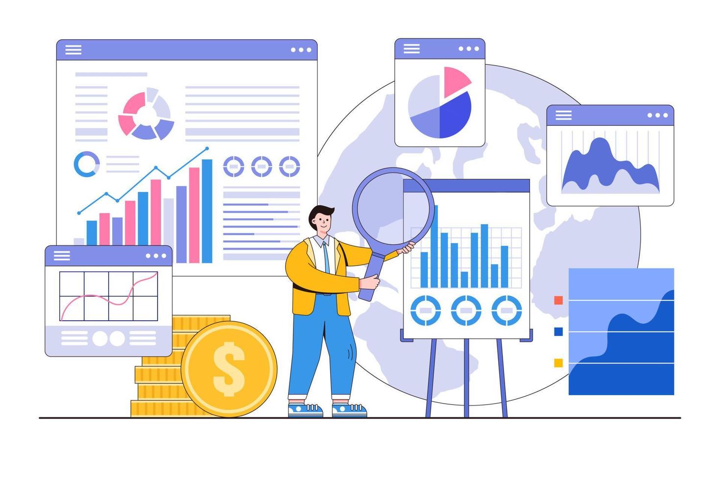 Financial report, investment data, selling information, business analysis, compute, study for market expansion concepts illustrations. Businessman analyzing charts and graphs with a magnifying glass vector