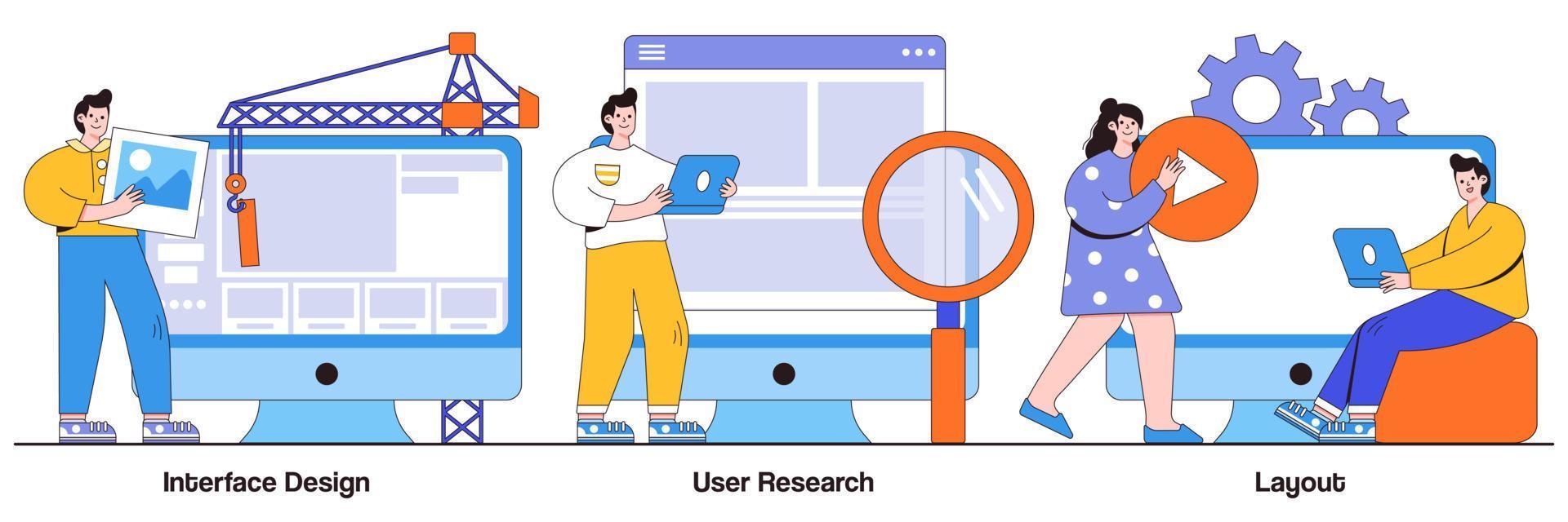 Interface design, user research, layout concept with tiny people. User interface development abstract vector illustration set. Landing page, responsive design, usability test, online survey metaphor