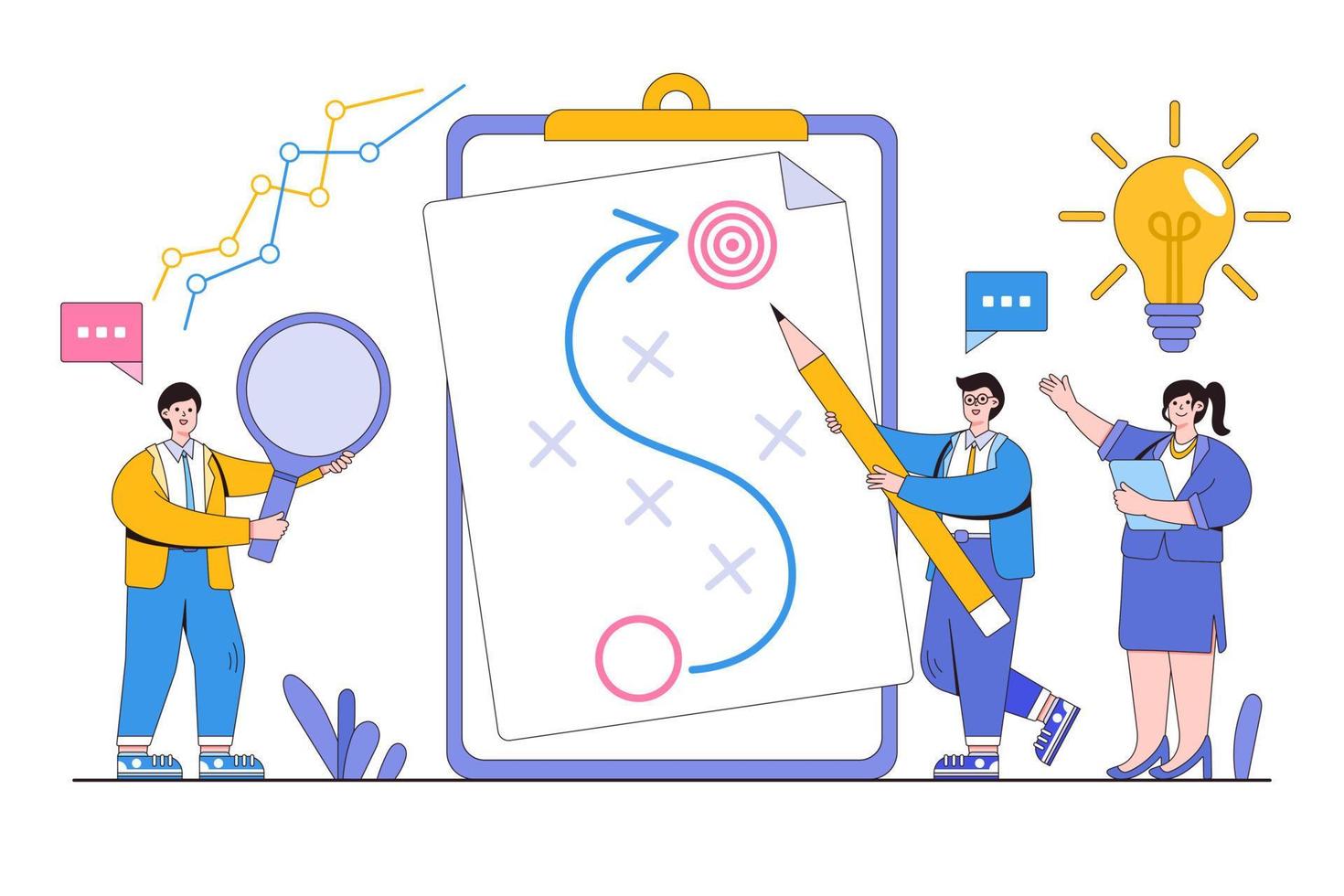 Strategic planning, overcoming adversity or impediment to achieve a goal or target, team brainstorming, competitive analysis concepts illustrations. Tactic chart for company team planning for success vector