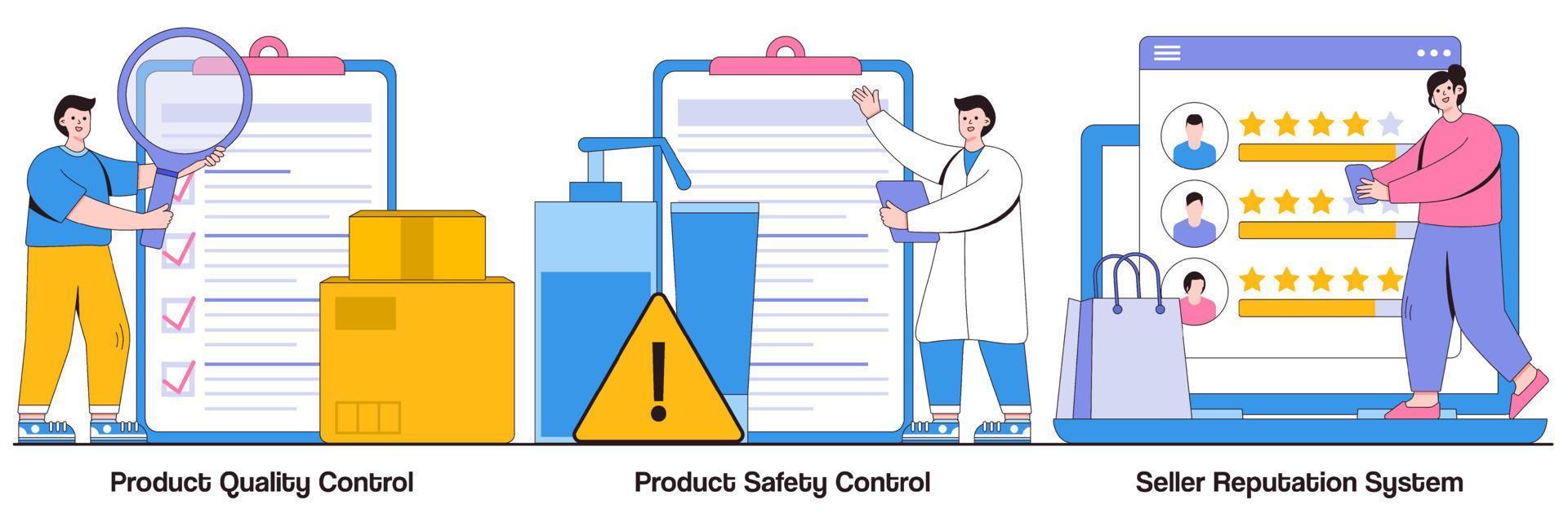 Product Quality and Safety Control, Seller Reputation System with People Characters Illustrations Pack vector