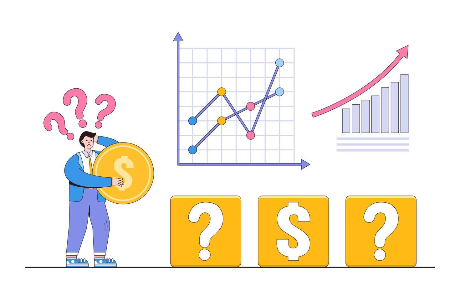 Money decision, investment choice, profit option, buy or rent, pay off debt or invest, choose best earning asset concepts. Confused businessman investor hold money coin and choosing right box vector