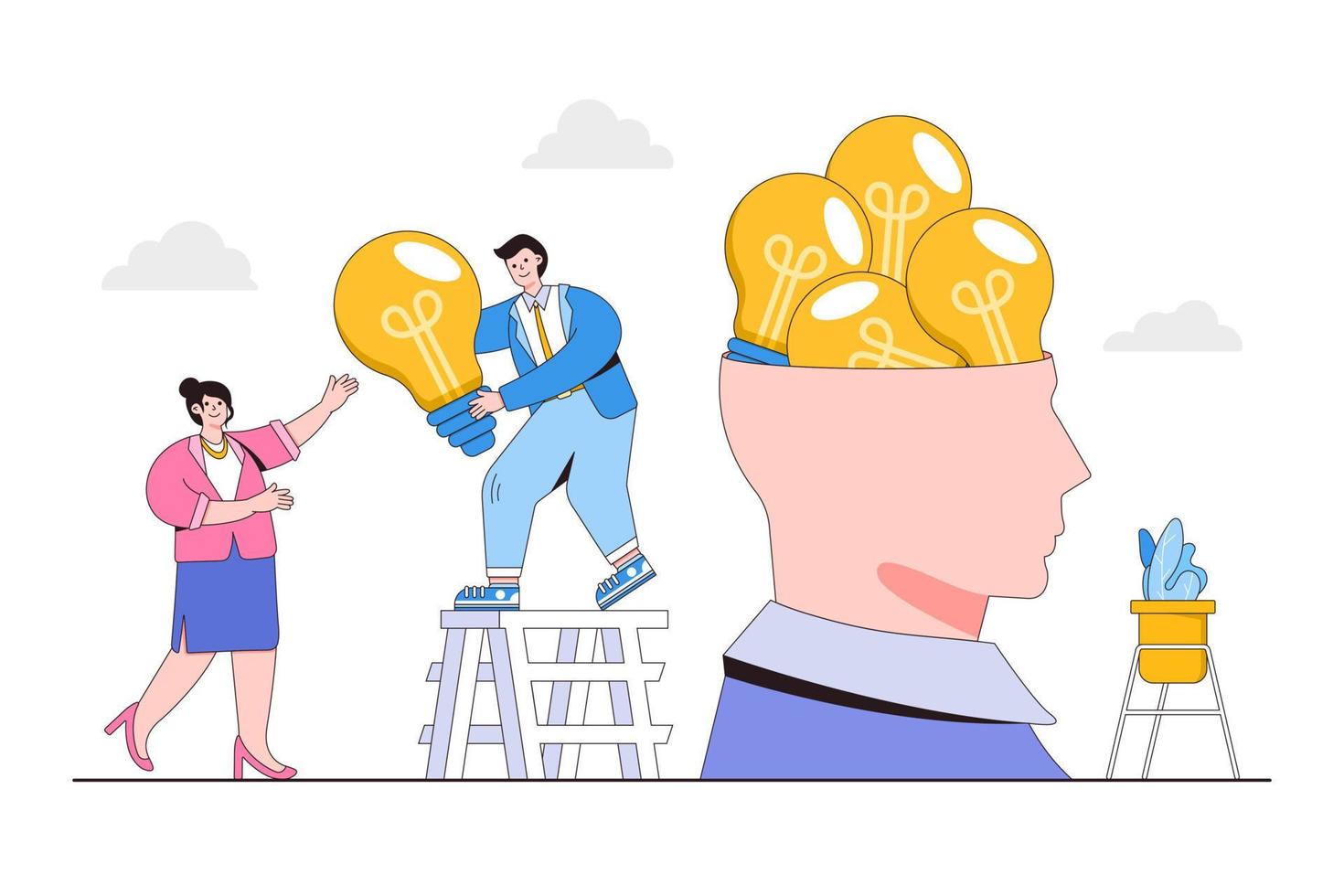 Offer business idea, mentor advice, find solution or solve problem, giving help or assistance with creativity thinking concepts. Smart businessman sharing lightbulb from his head brain to employee vector