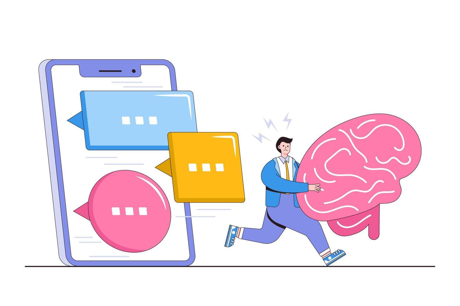 Information overload, communication problem, ineffective conversation or meeting, abundance messages or spam concepts. Overwhelmed businessman carrying brain and run away from online speech bubble vector