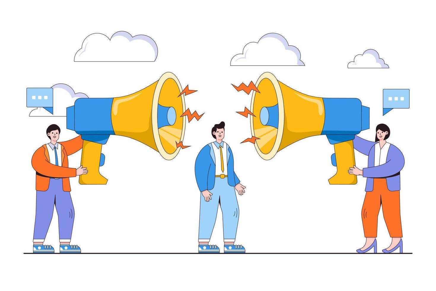 Employee input, getting to colleague opinion or idea, choose to believe in truth, fact, or liar team member concepts. Businessman manager or boss listening to employees shouting with big megaphone vector
