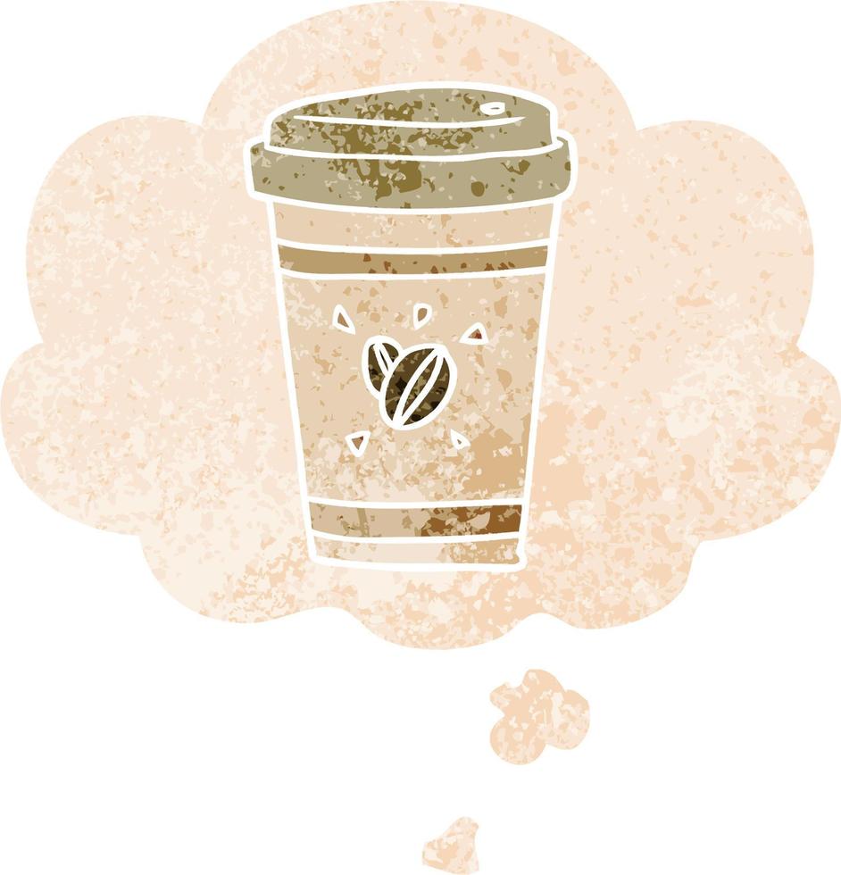 cartoon takeout coffee and thought bubble in retro textured style vector