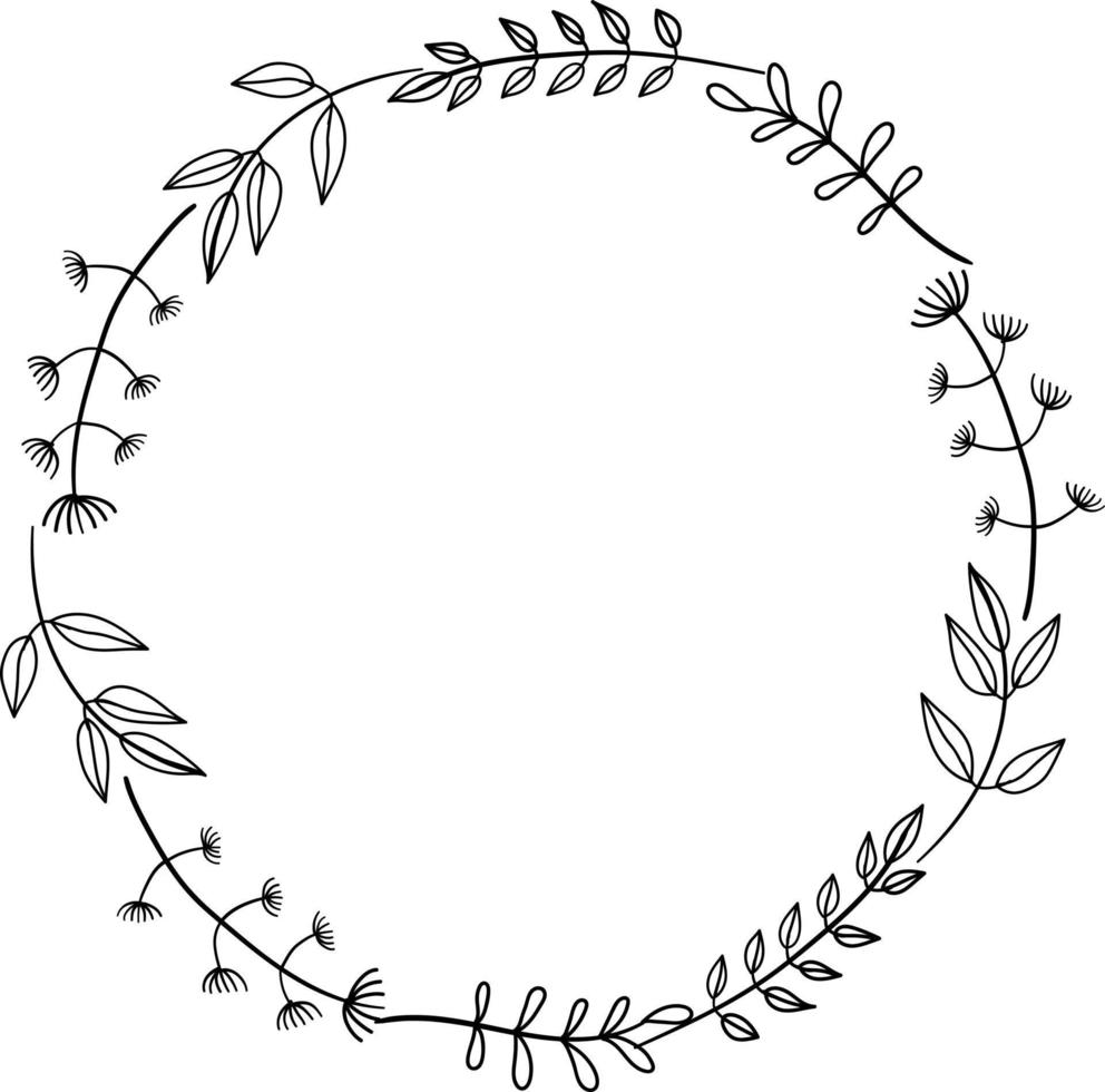 Doodle round frame with leaves and twigs. Vector illustration isolated on white