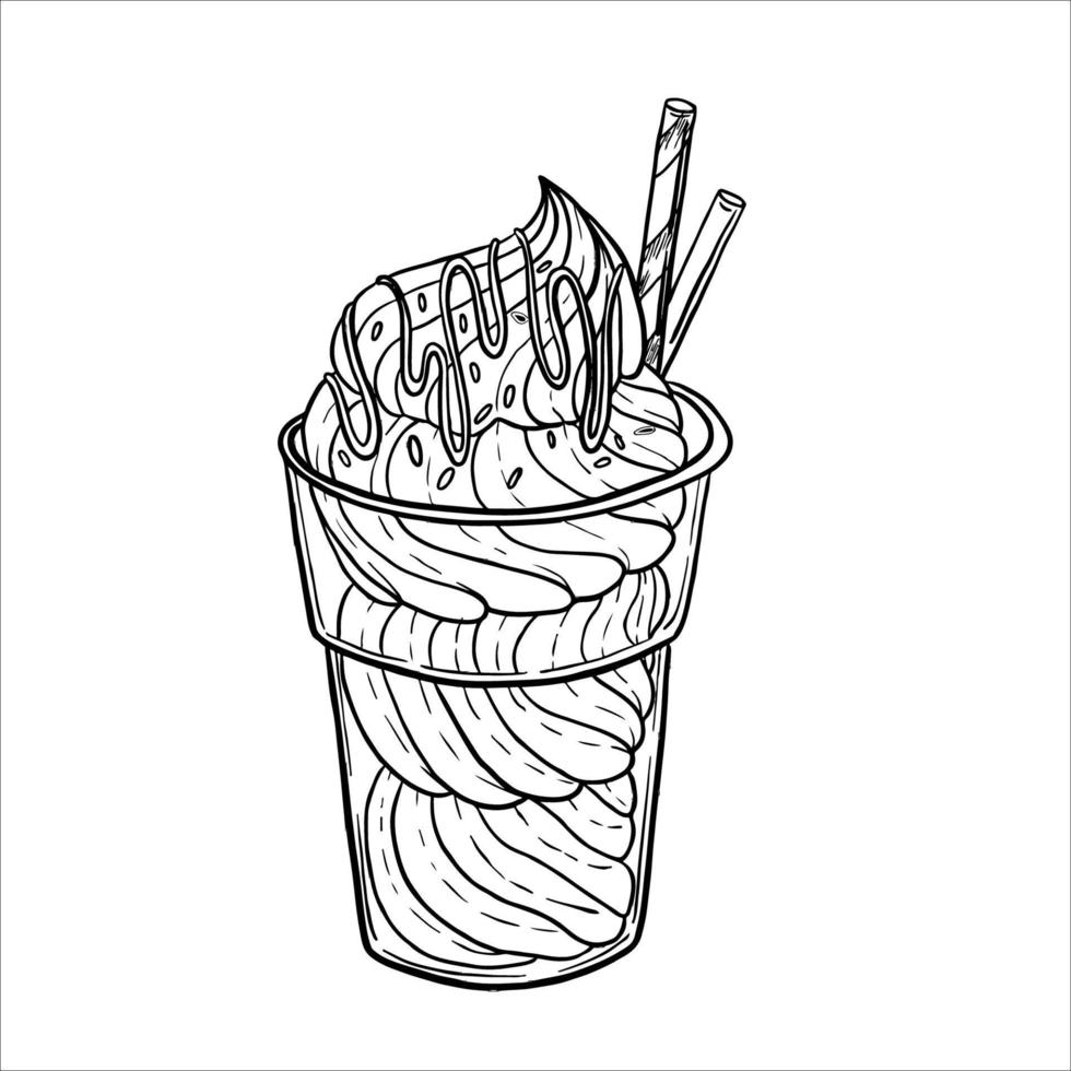 Cup with ice cream balls line art sketch. Vector illustration