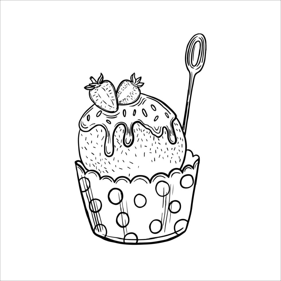 Cup with ice cream balls line art sketch. Vector illustration