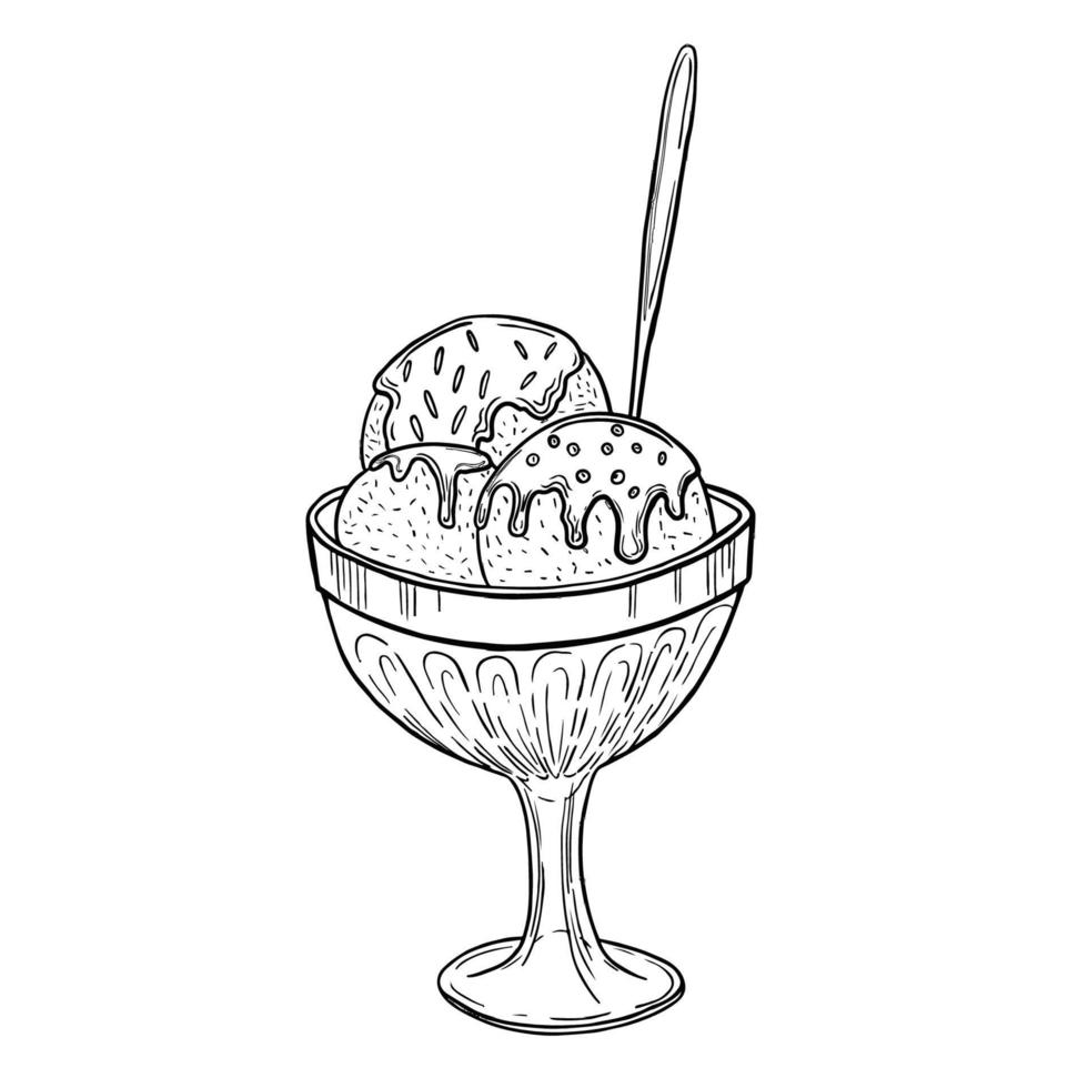 Cup with ice cream balls line art sketch. Vector illustration