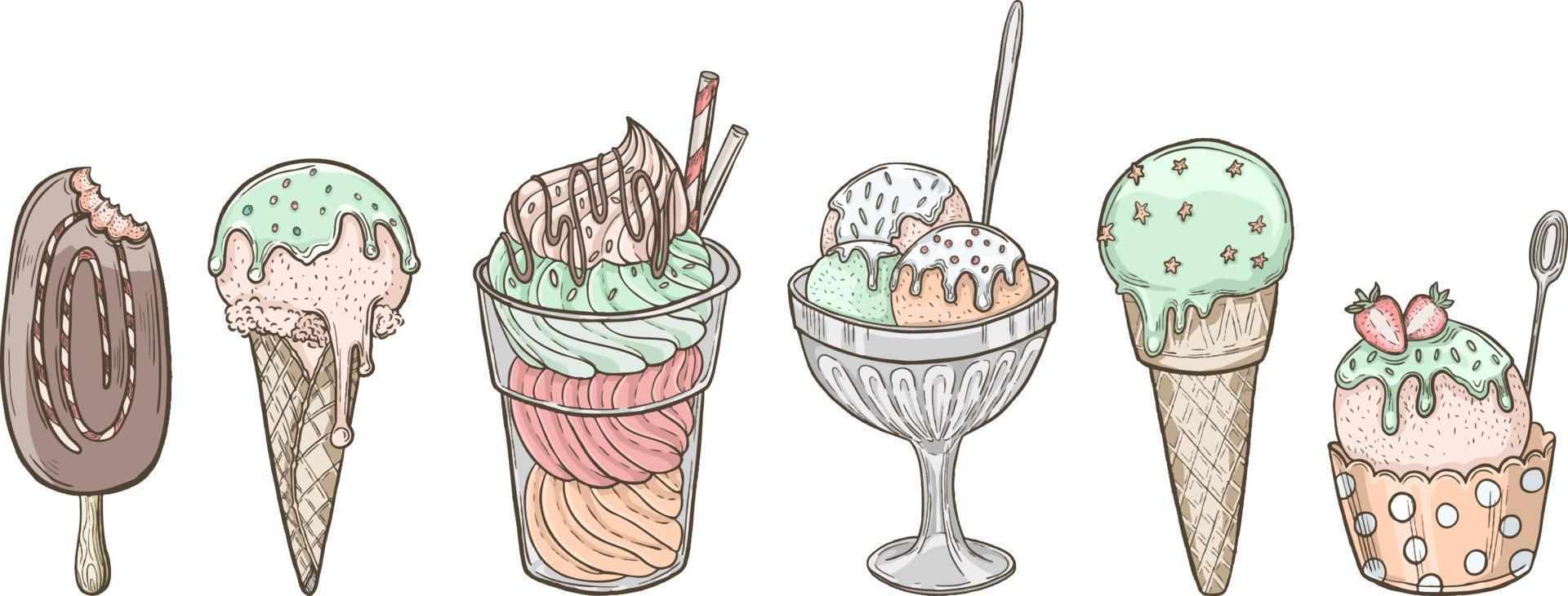 Hand drawn illustrations set of ice creams. Hand drawn sketch. Ice cream drawing doodle collection vector