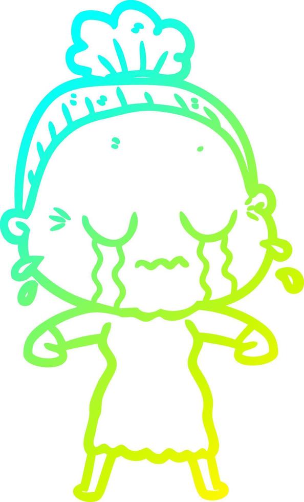 cold gradient line drawing cartoon crying old lady vector
