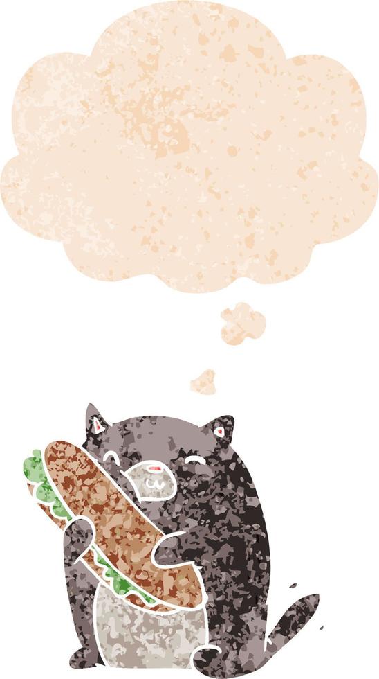 cartoon cat with sandwich and thought bubble in retro textured style vector