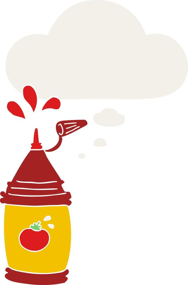 botella de ketchup de dibujos animados y burbuja de pensamiento en estilo retro vector