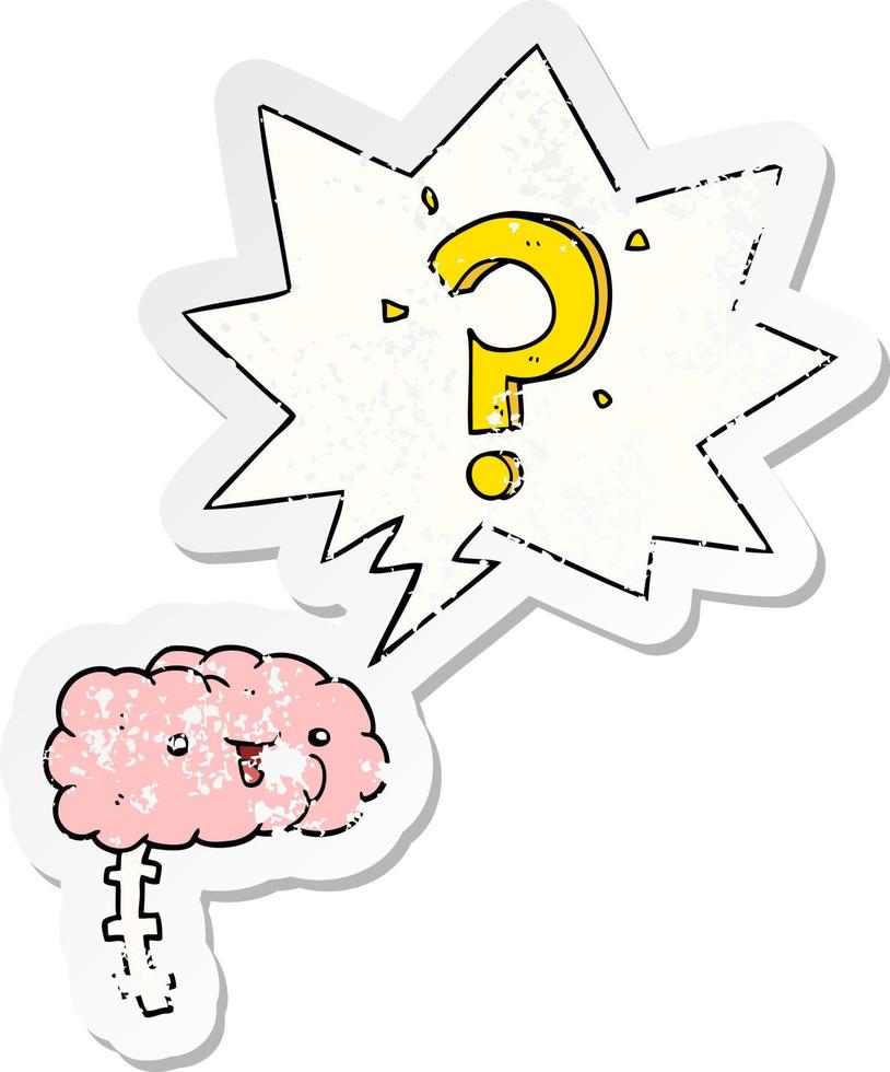 cartoon curious brain and speech bubble distressed sticker vector