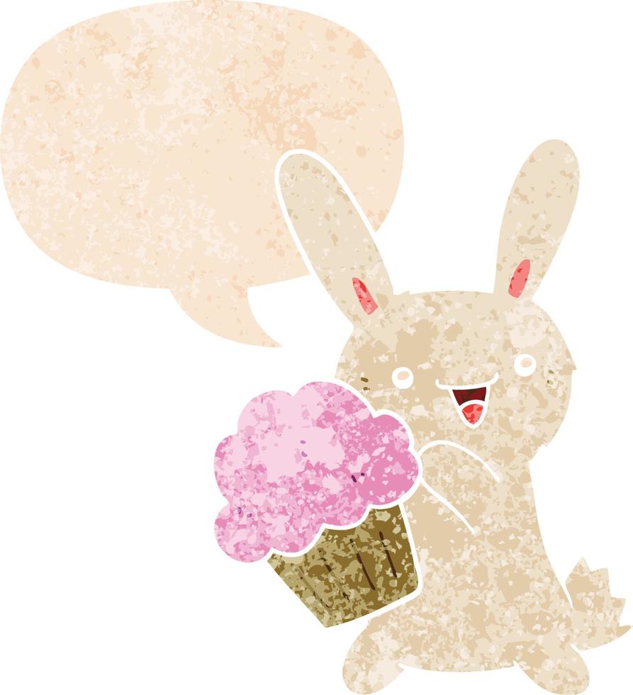 lindo conejo de dibujos animados con muffin y burbuja de habla en estilo retro texturizado vector