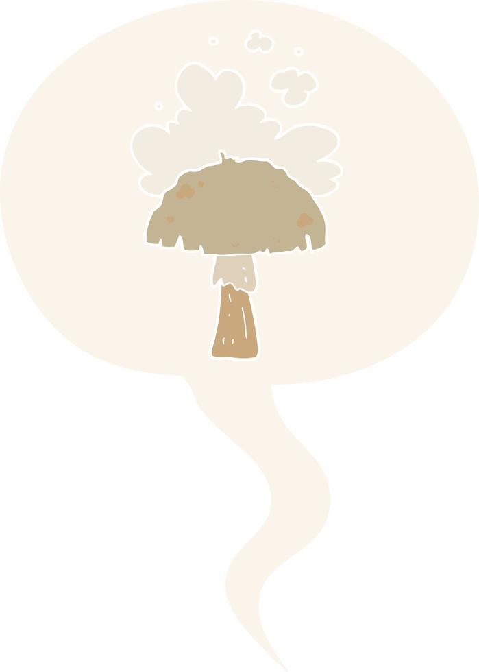 cartoon mushroom and spore cloud and speech bubble in retro style vector