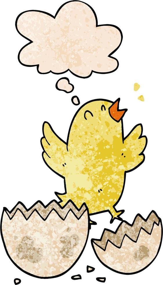 cartoon bird hatching from egg and thought bubble in grunge texture pattern style vector