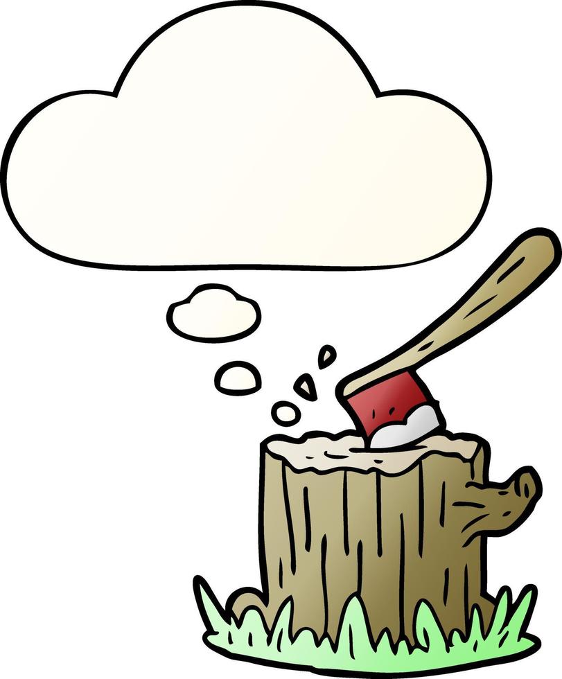 cartoon axe in tree stump and thought bubble in smooth gradient style vector