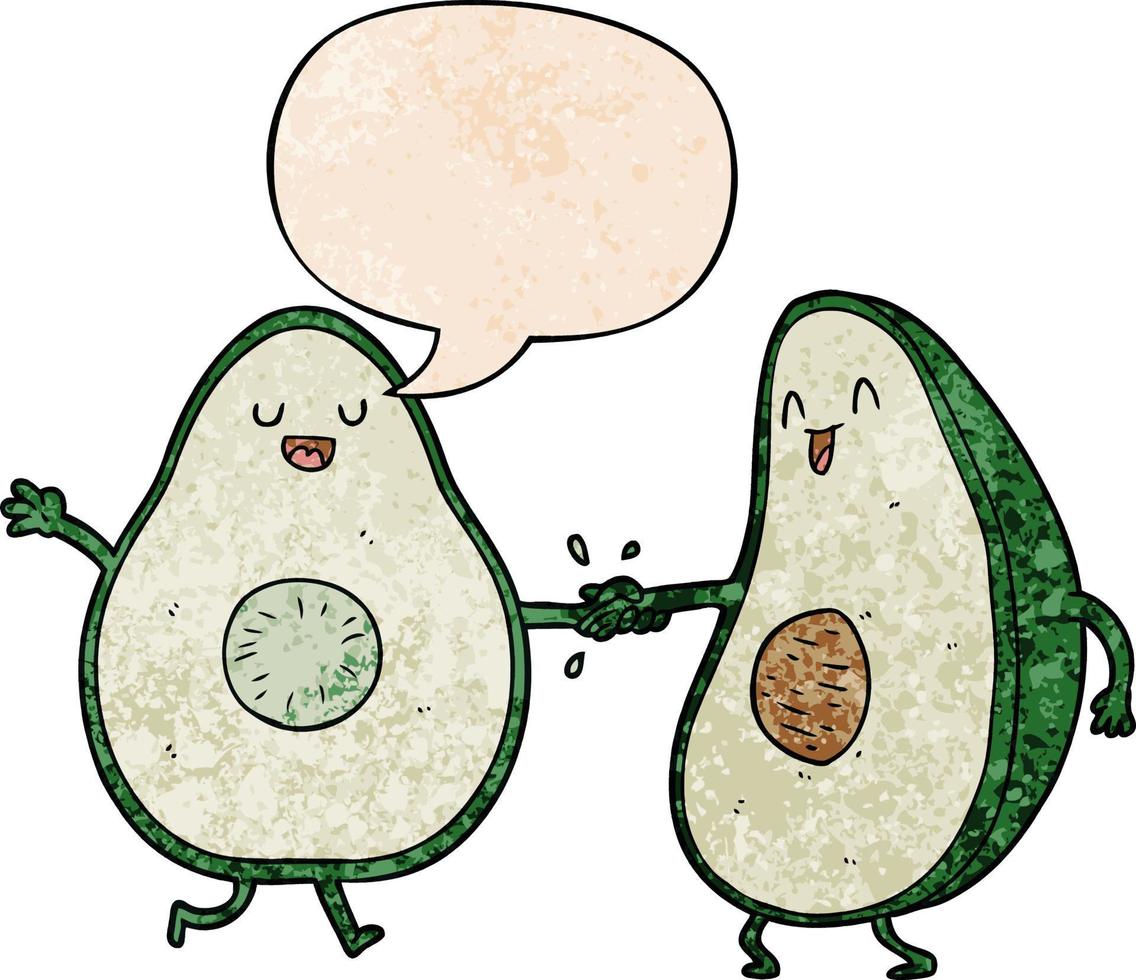 cartoon dancing avocados and speech bubble in retro texture style vector