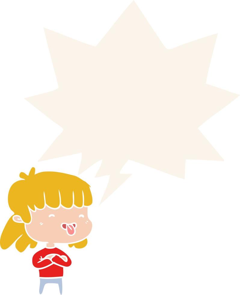 cartoon girl sticking out tongue and speech bubble in retro style vector