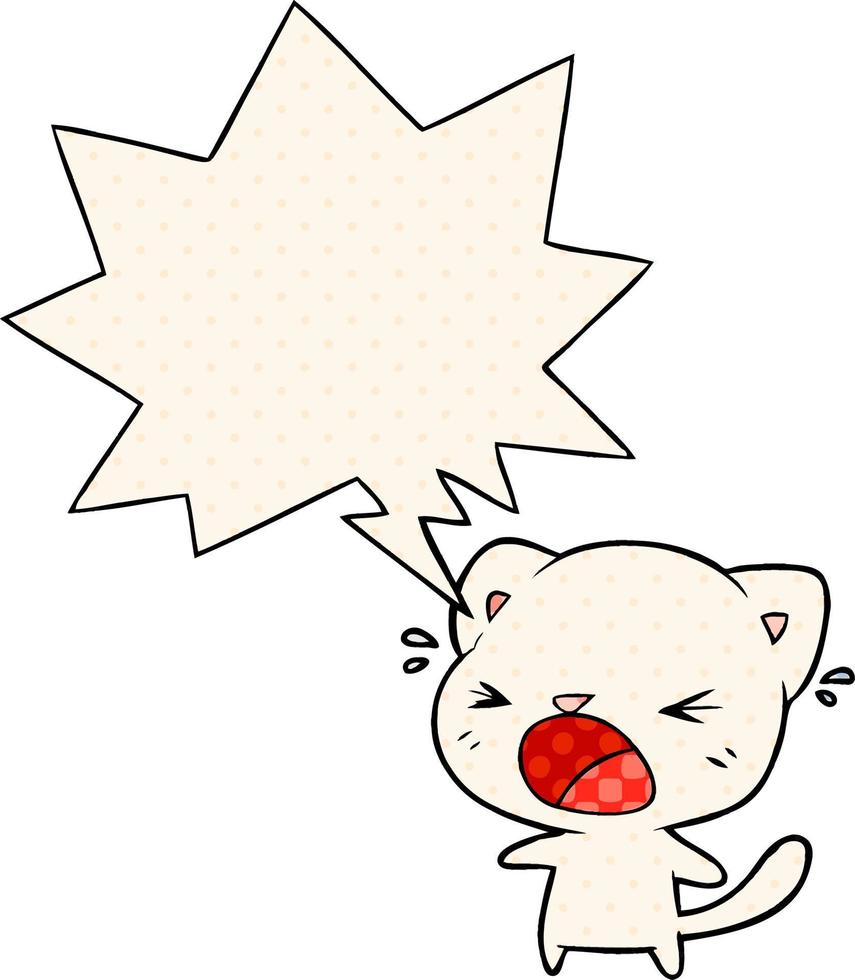 cute cartoon cat crying and speech bubble in comic book style vector
