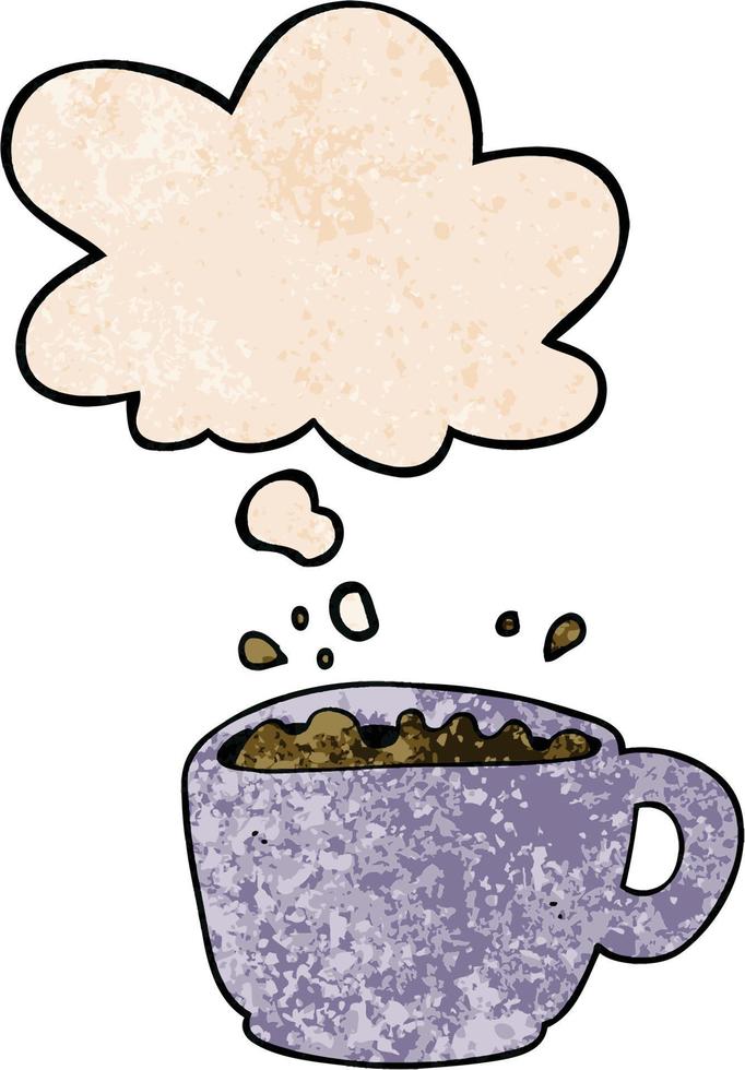 cartoon coffee cup and thought bubble in grunge texture pattern style vector