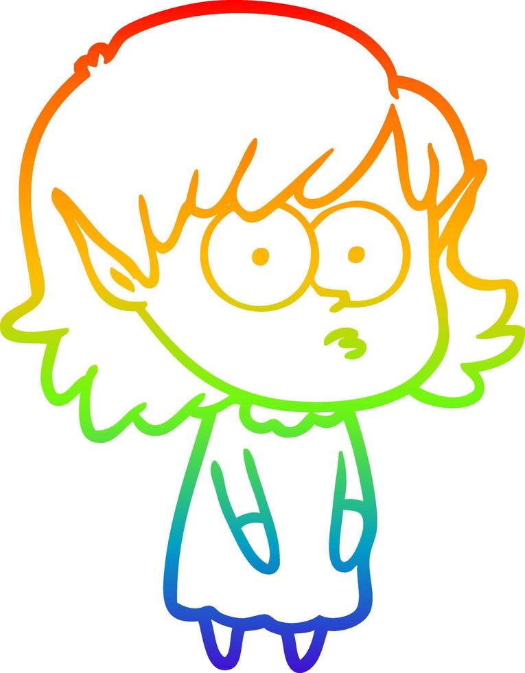rainbow gradient line drawing cartoon elf girl staring vector