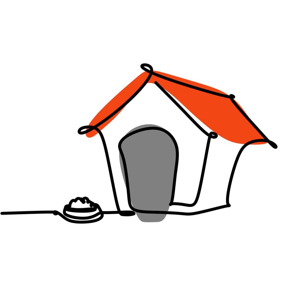 Simple single line drawing of a kennel or a doghouse and pet food. Animal flat color design concept for friendly pet icon. Modern continuous one line draw design vector graphic illustration