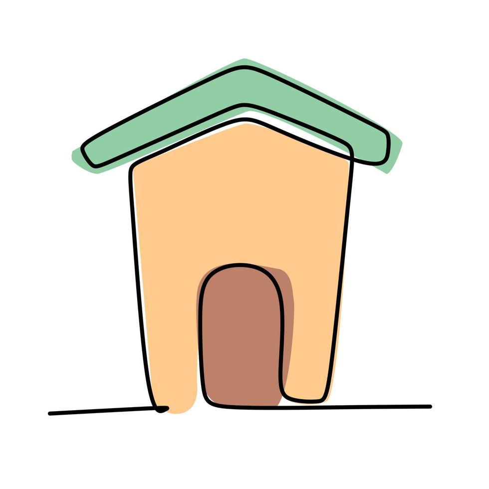 Simple single line drawing of a kennel or a doghouse. Animal flat color design concept for friendly pet icon. Modern continuous one line draw design vector graphic illustration