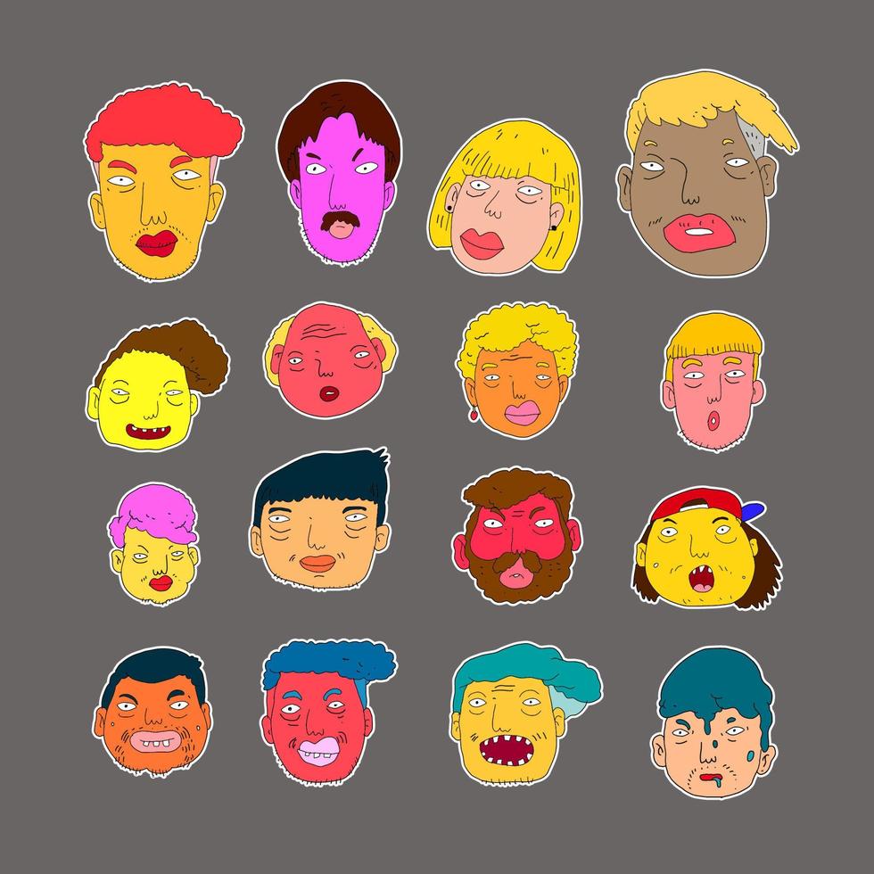 ilustración vectorial de varias expresiones faciales de dibujos animados que las personas se dirigen al diseño de pegatinas, logotipos y mascotas vector