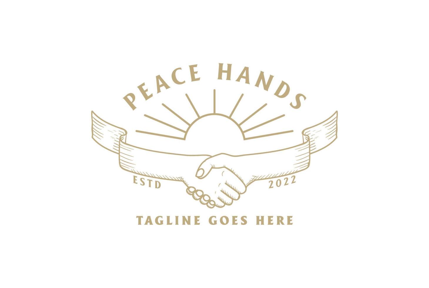 Vintage Hand Shake Ribbon with Golden Sun for Peace Deal Community ...