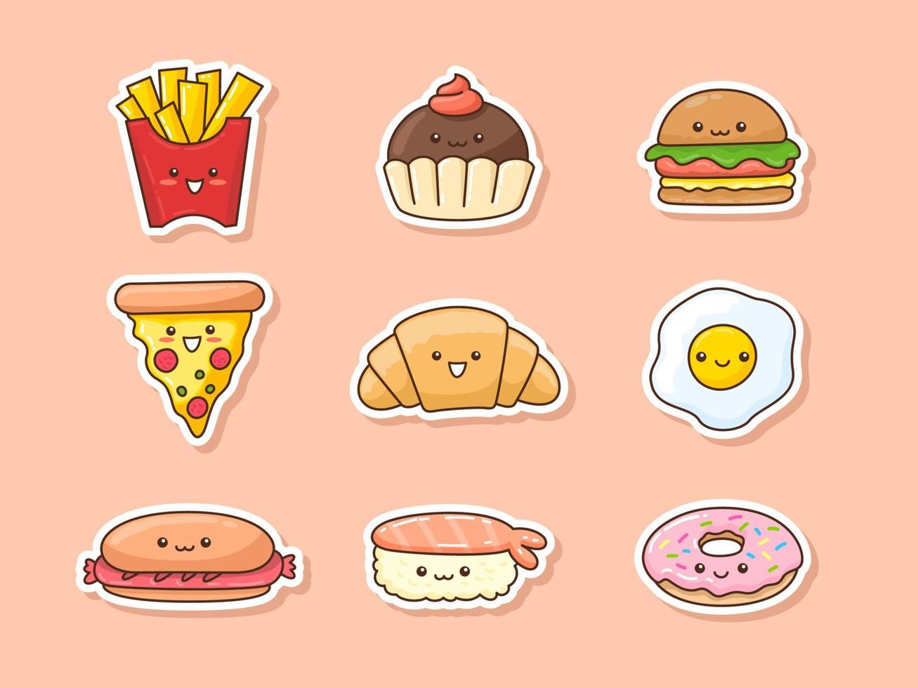 set de pegatinas de comida kawaii vector