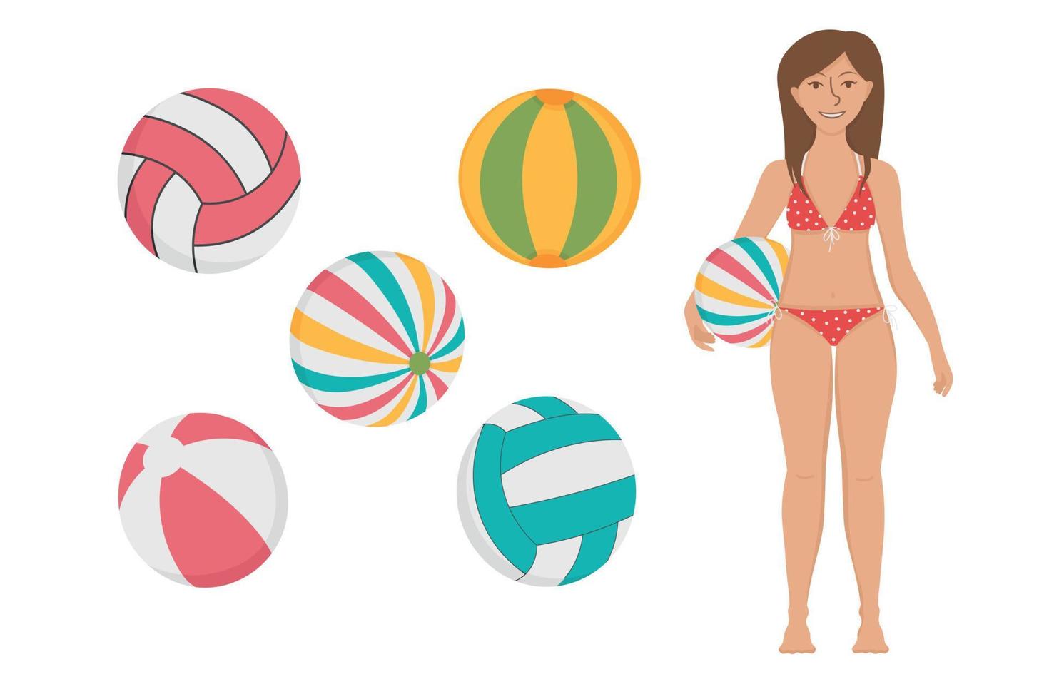 chica con un juego de pelotas de playa. garabatear imágenes prediseñadas planas. Todos los objetos están repintados. vector