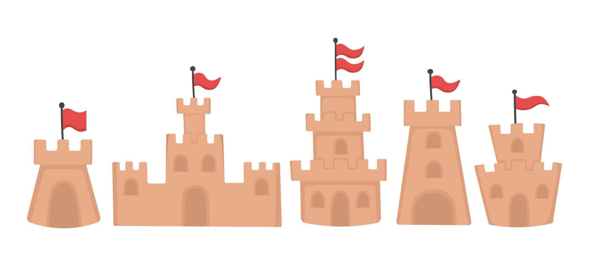 Set of beautiful sand castles for playing on the beach. Doodle flat clipart. All colors are repainted. vector