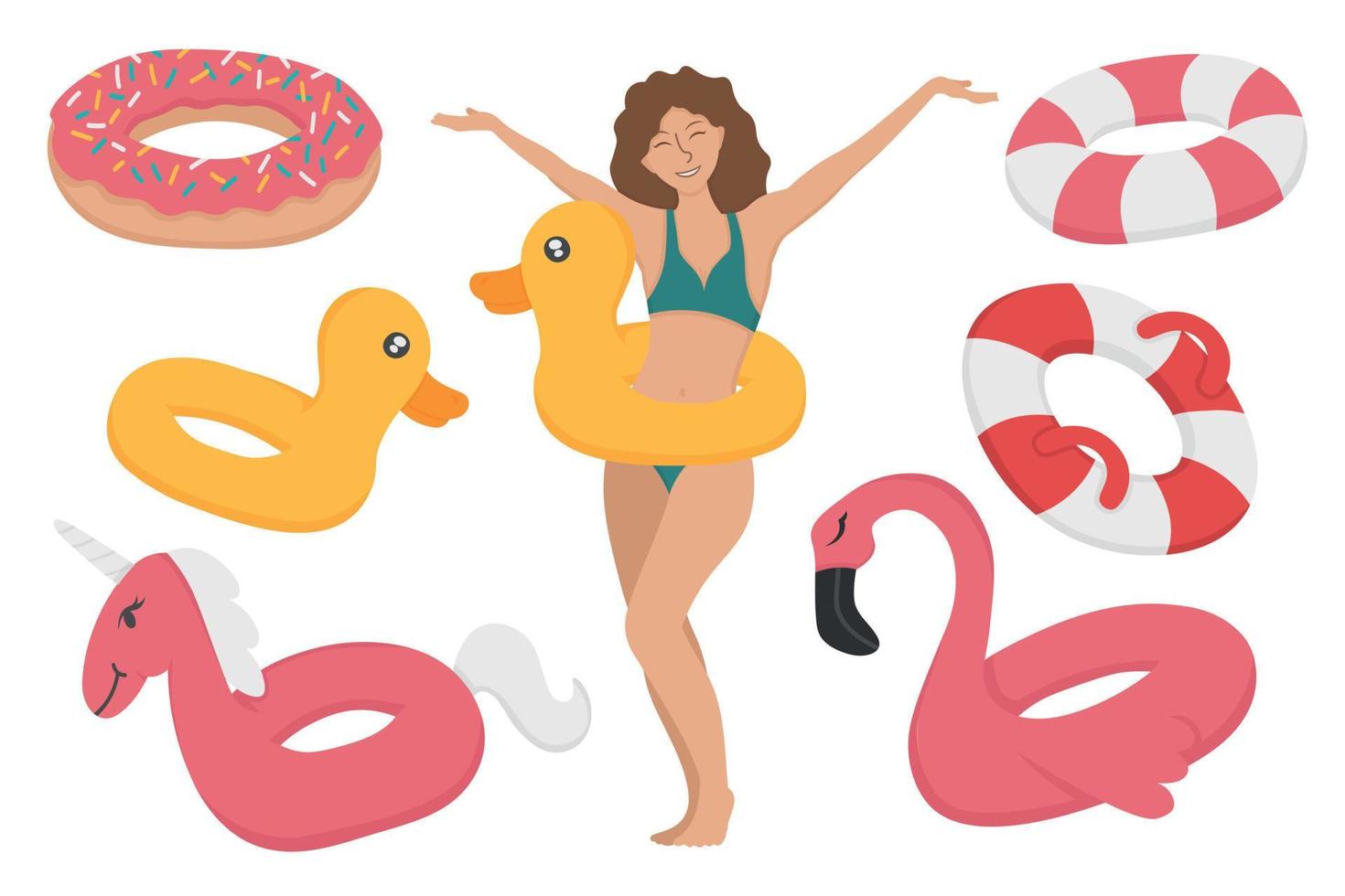 chica con un conjunto de círculos de playa para nadar. garabatear imágenes prediseñadas planas. Todos los objetos están repintados. vector