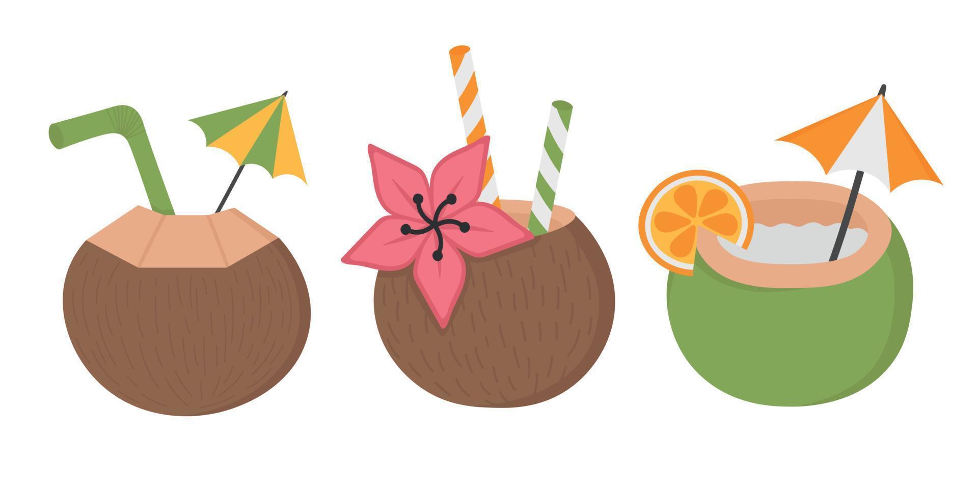 A set of cocktails in coconut with a straw. Flat doodle clipart. All objects are repainted. vector