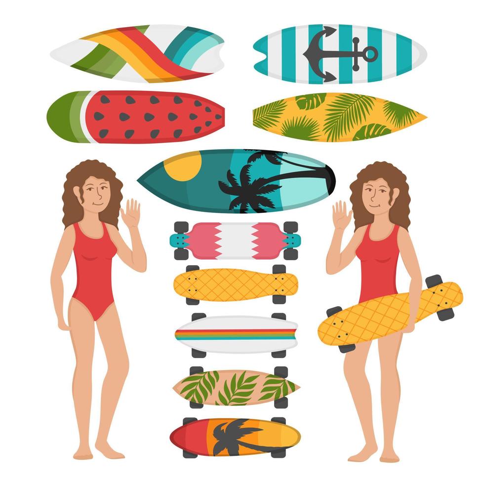 Girl with a set of skateboards and surfboards. Flat doodle clipart. All objects are repainted. vector