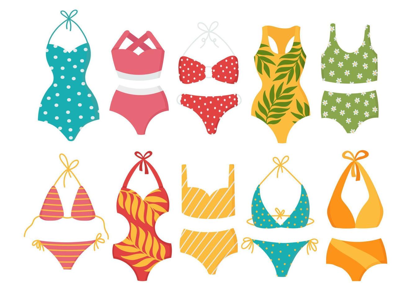 A set of cute women's swimwear. Flat doodle clipart. All objects are repainted. vector