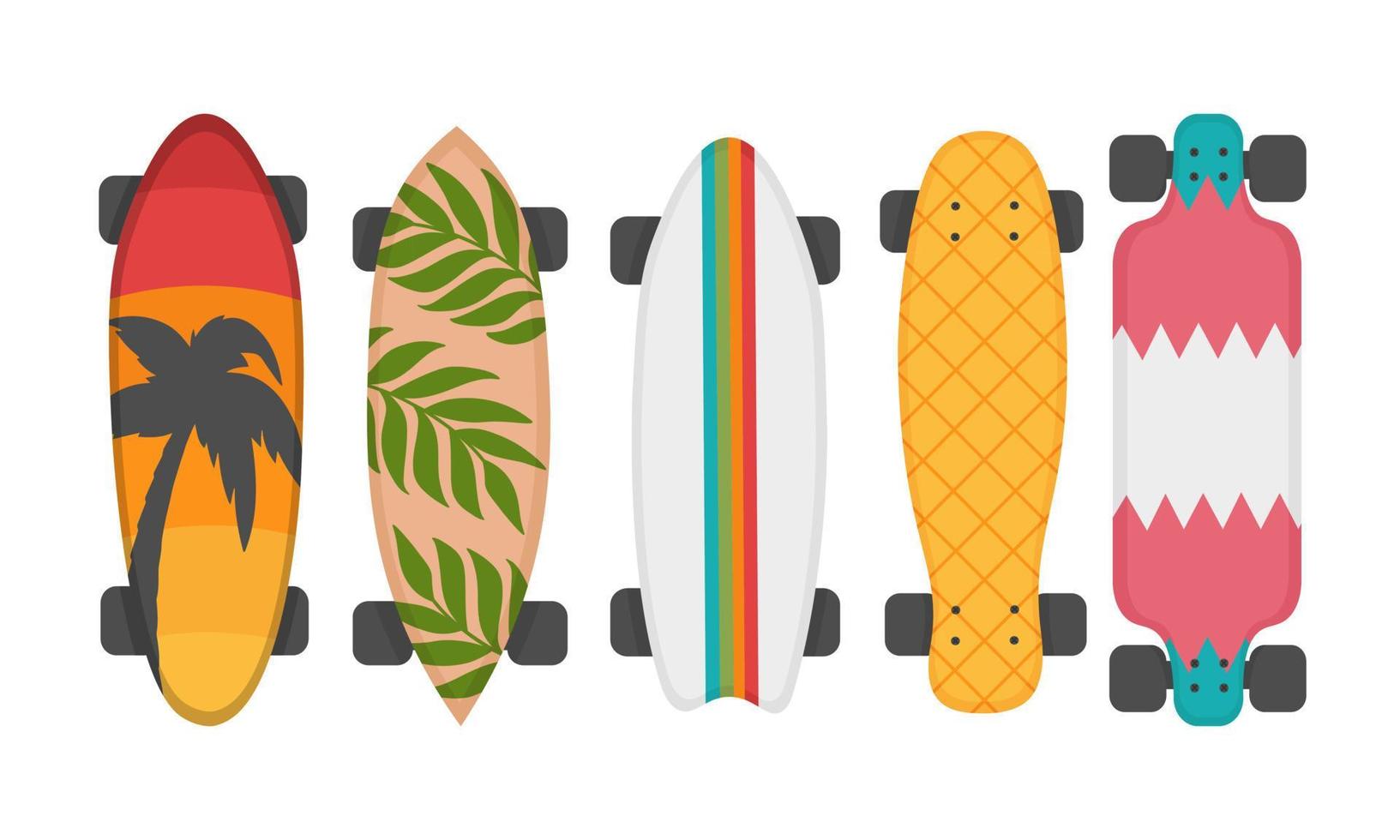 un conjunto de longboards con un patrón elegante. imágenes prediseñadas de garabatos planos. Todos los objetos están repintados. vector