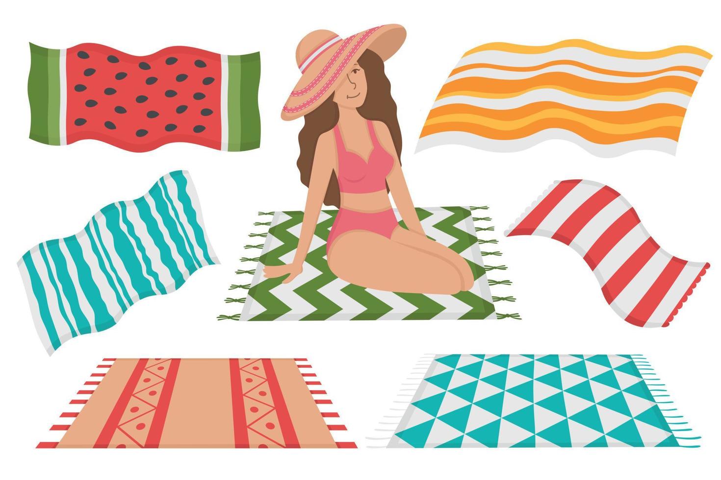 chica con un juego de toallas de playa para tomar el sol. garabatear imágenes prediseñadas planas. Todos los objetos están repintados. vector