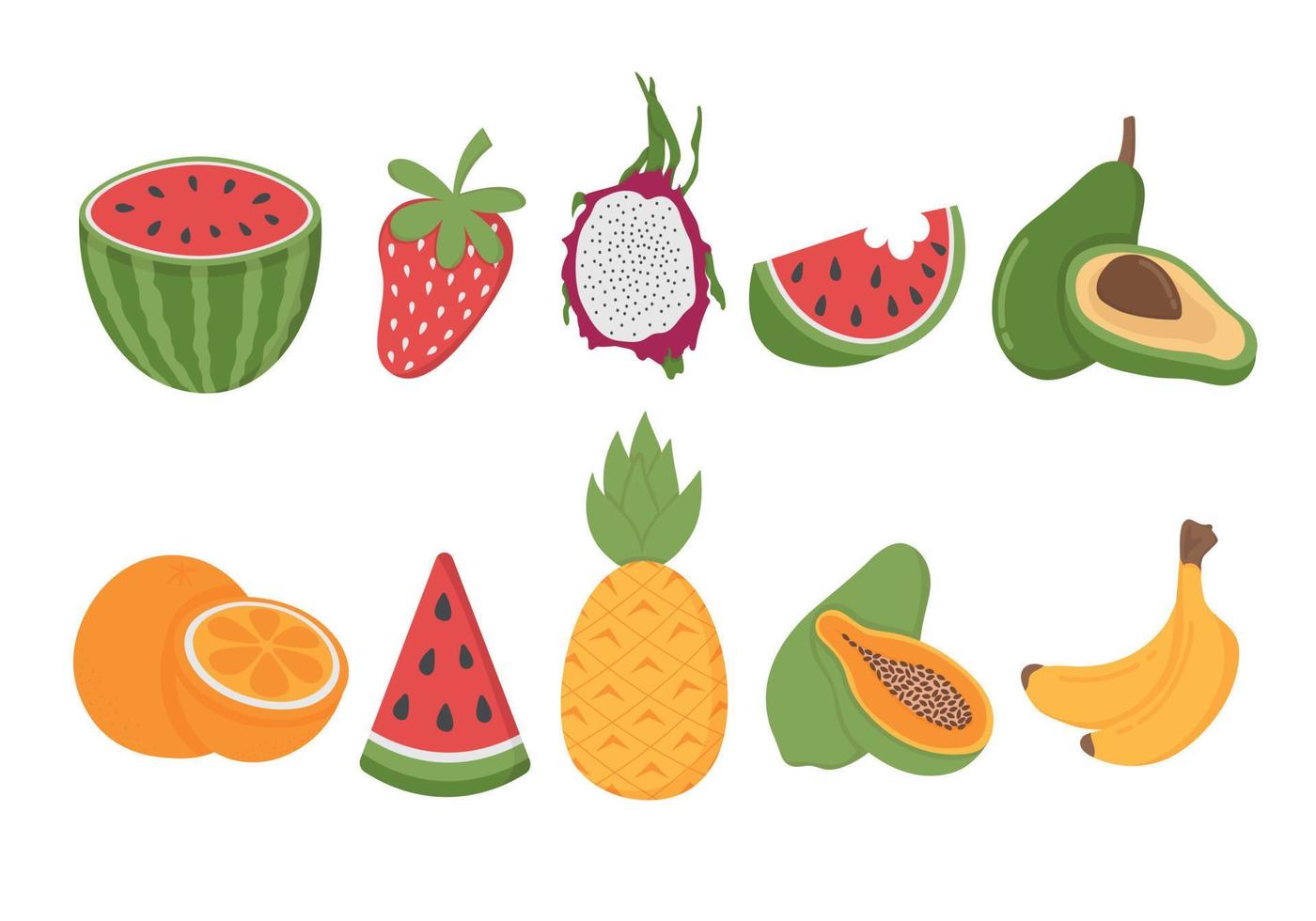 Vector set of tropical fruits. Flat doodle clipart. All objects are repainted.