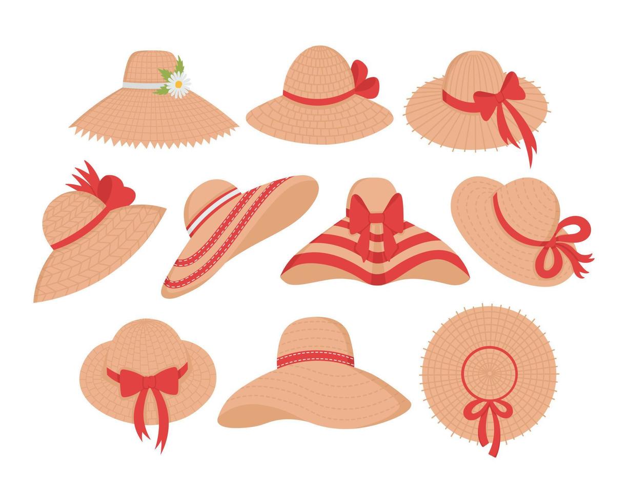 un conjunto de sombreros de mimbre para tomar el sol en la playa. imágenes prediseñadas planas. todos los colores han sido repintados. vector