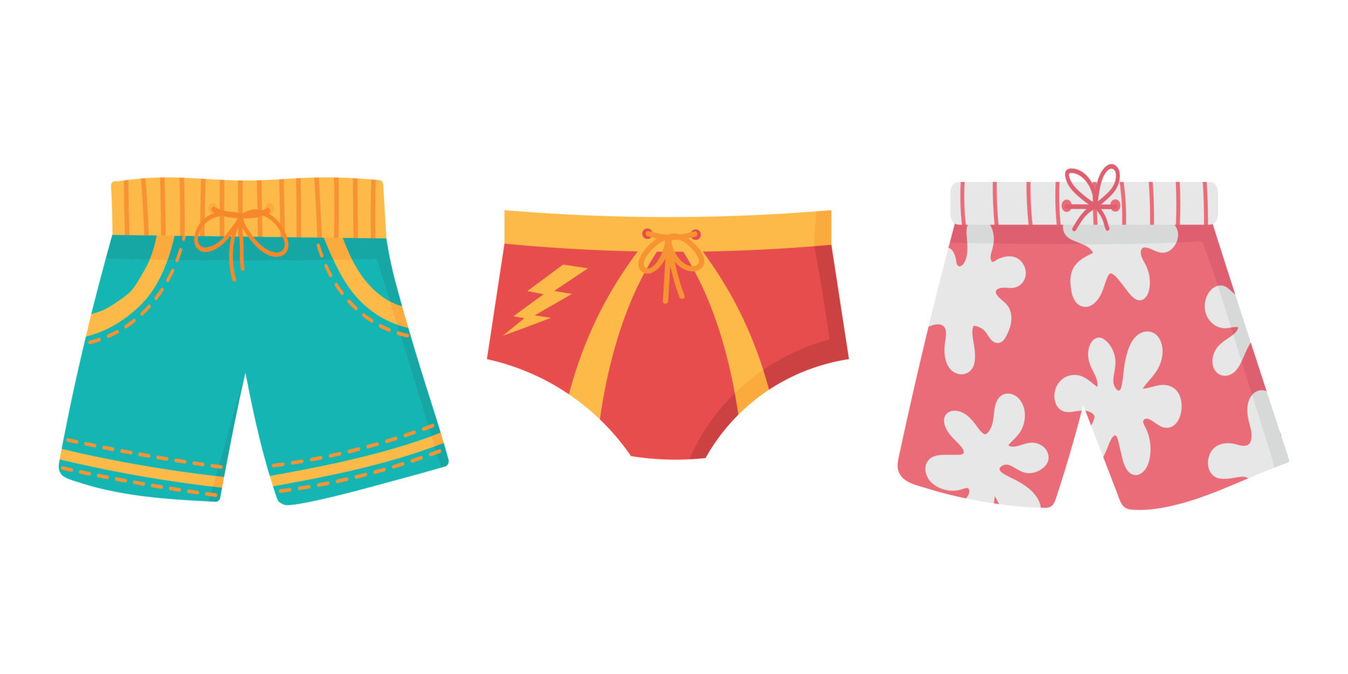 Swimming trunks for men. Doodle flat clipart. All objects are repainted