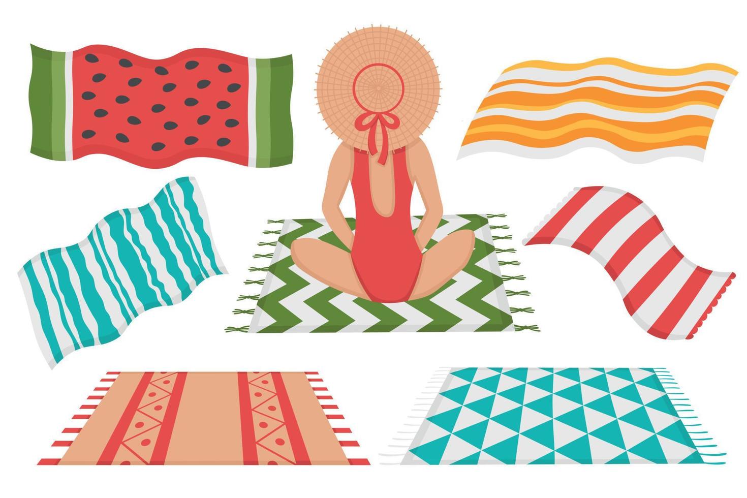 Girl with a set of beach towels for sunbathing. Doodle flat clipart. All objects are repainted. vector