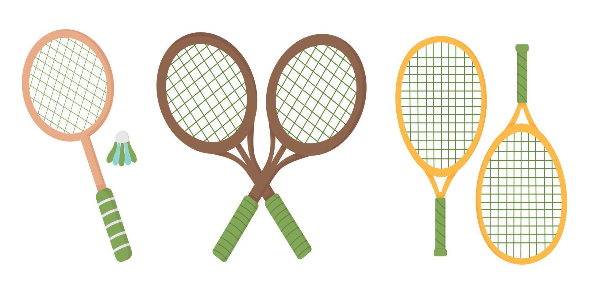 Juego de raquetas de bádminton. imágenes prediseñadas de garabatos planos. Todos los objetos están repintados. vector