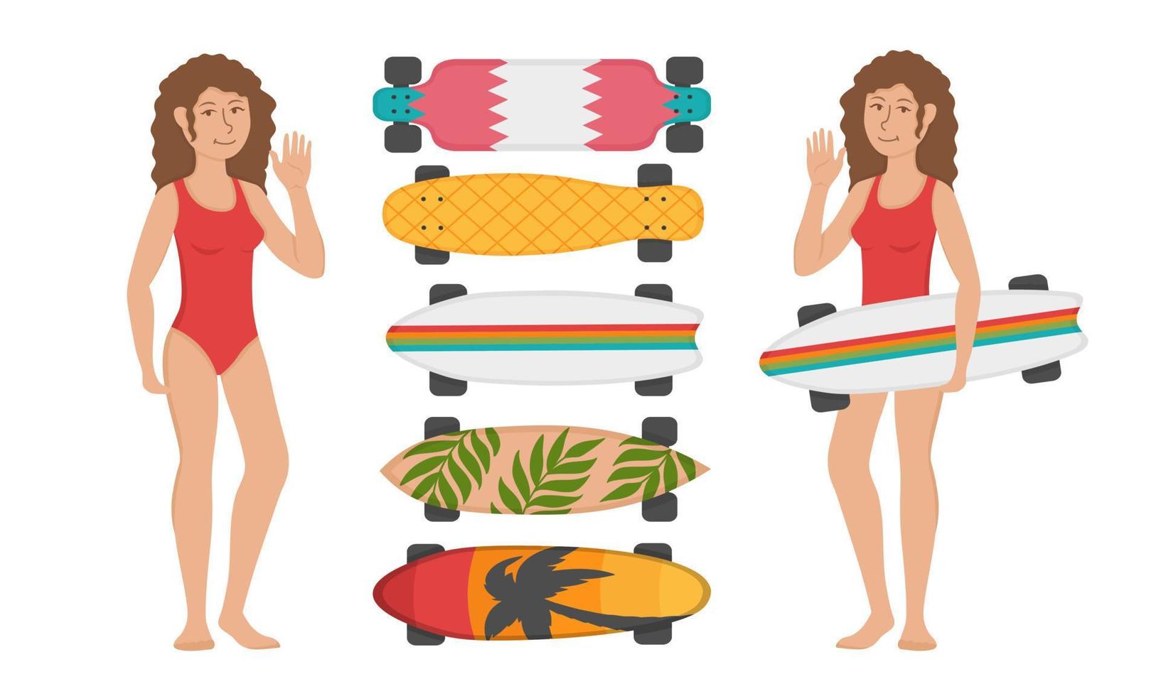 chica con un juego de patinetas y tablas de surf. imágenes prediseñadas de garabatos planos. Todos los objetos están repintados. vector