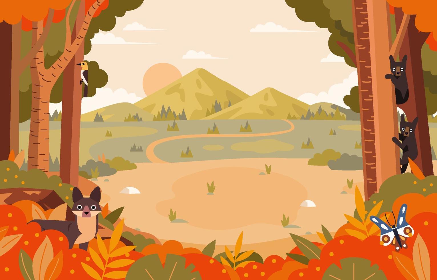 Floral Autumn Season With Animals Border Concept vector