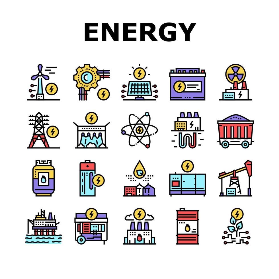 energía, electricidad, y, combustible, poder, iconos, conjunto, vector